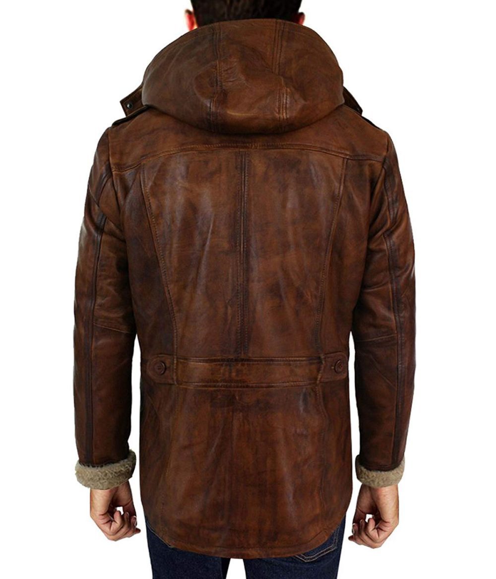 Mens Real Leather Hood Duffle Safari Tan Brown Washed Fur Coat