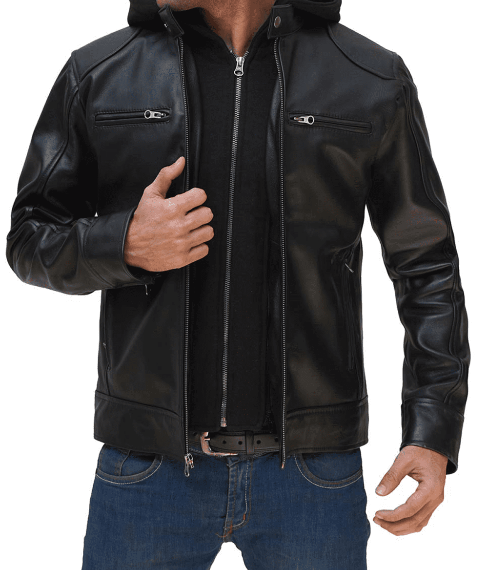 Removable Hood Dodge Mens Black Leather Jacket