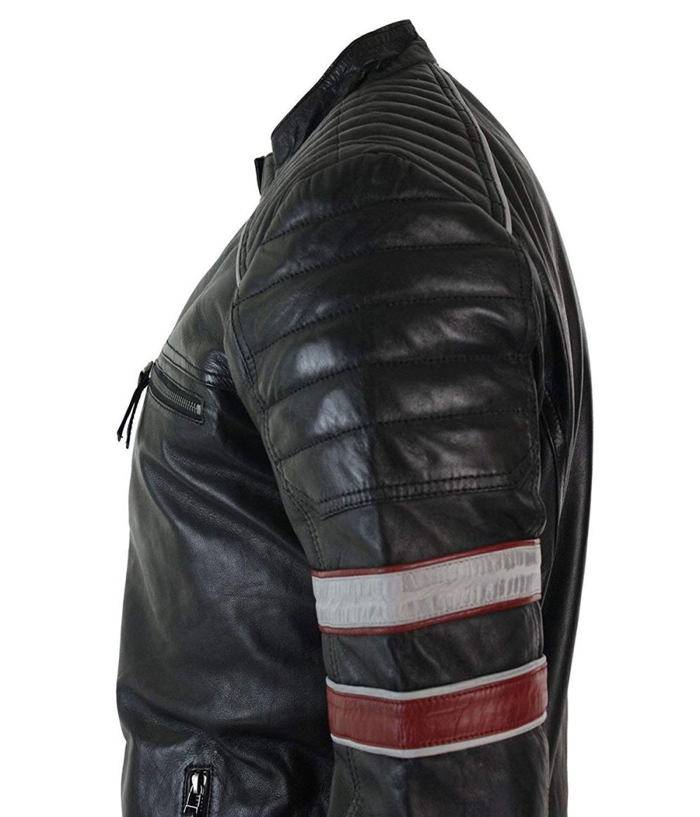 Mens Biker Racing Red & White Stripes Zip Retro Casual Black Short Real Leather Jacket