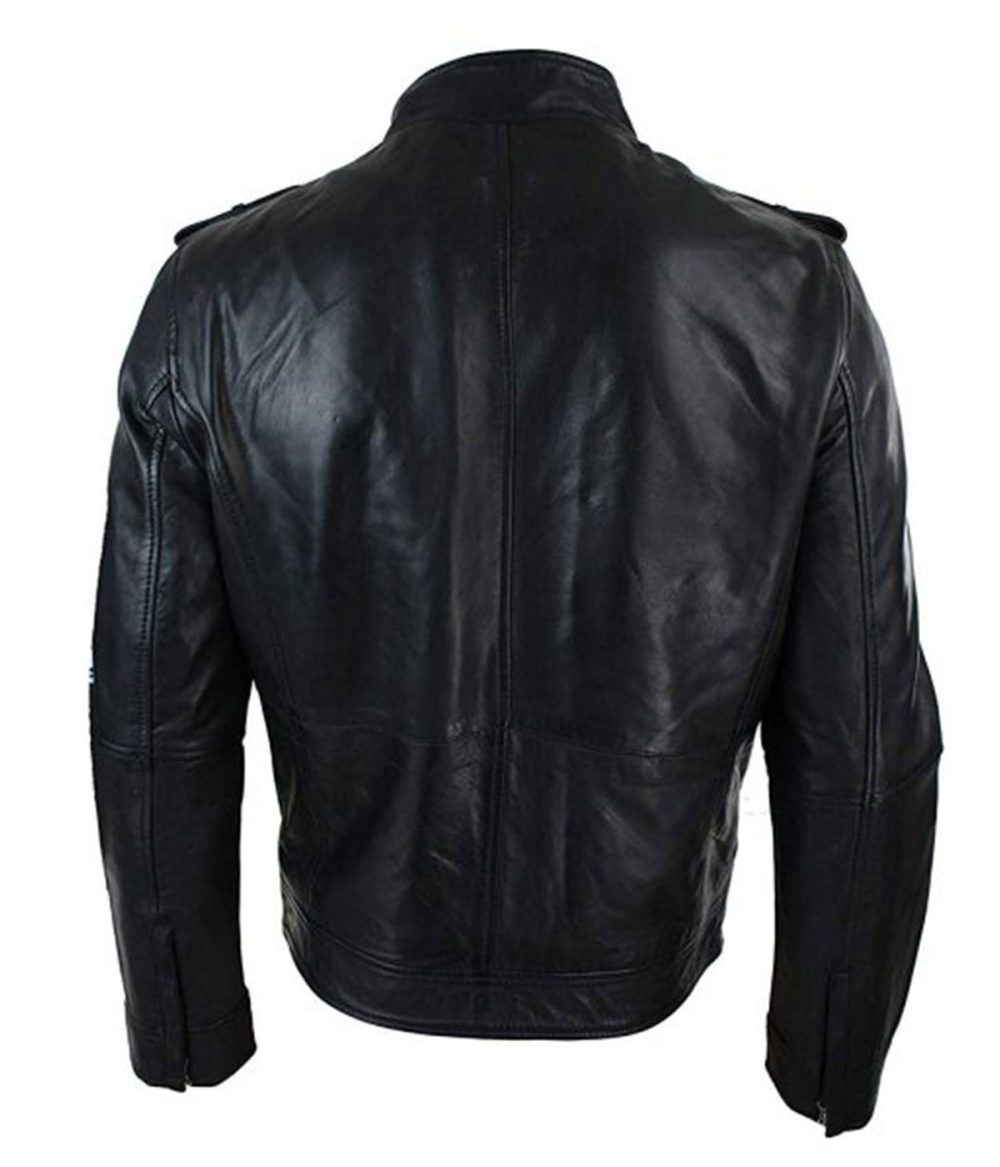 Mens Black Biker Zipped Military Style Motorcycle Leather Jacket