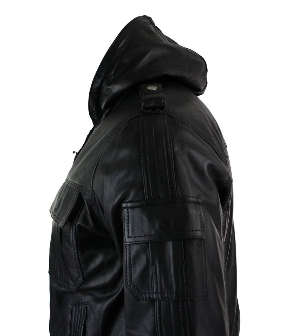 Mens Real Napa Infinity 661 LeatherJacket Hooded Black Slim Fit Bomber