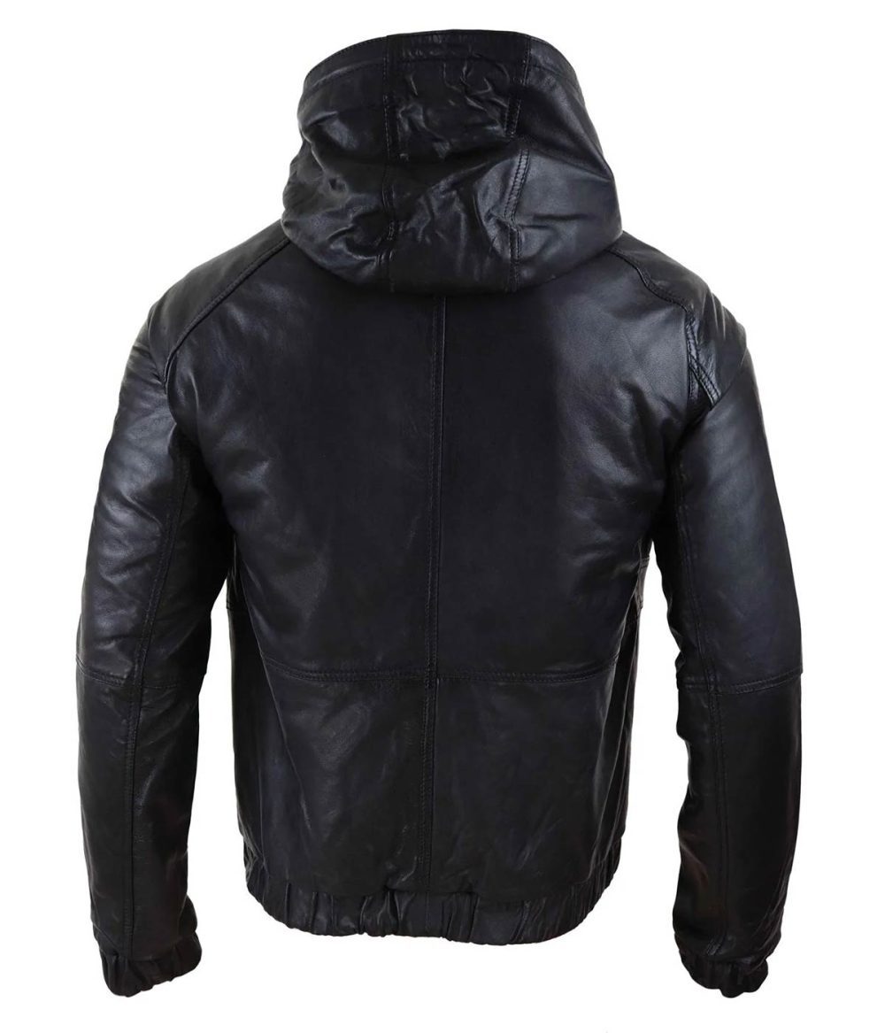 Tan Brown Black Zipped Tailored Fit Casual Mens Real Leather Hood Bomber Jacket