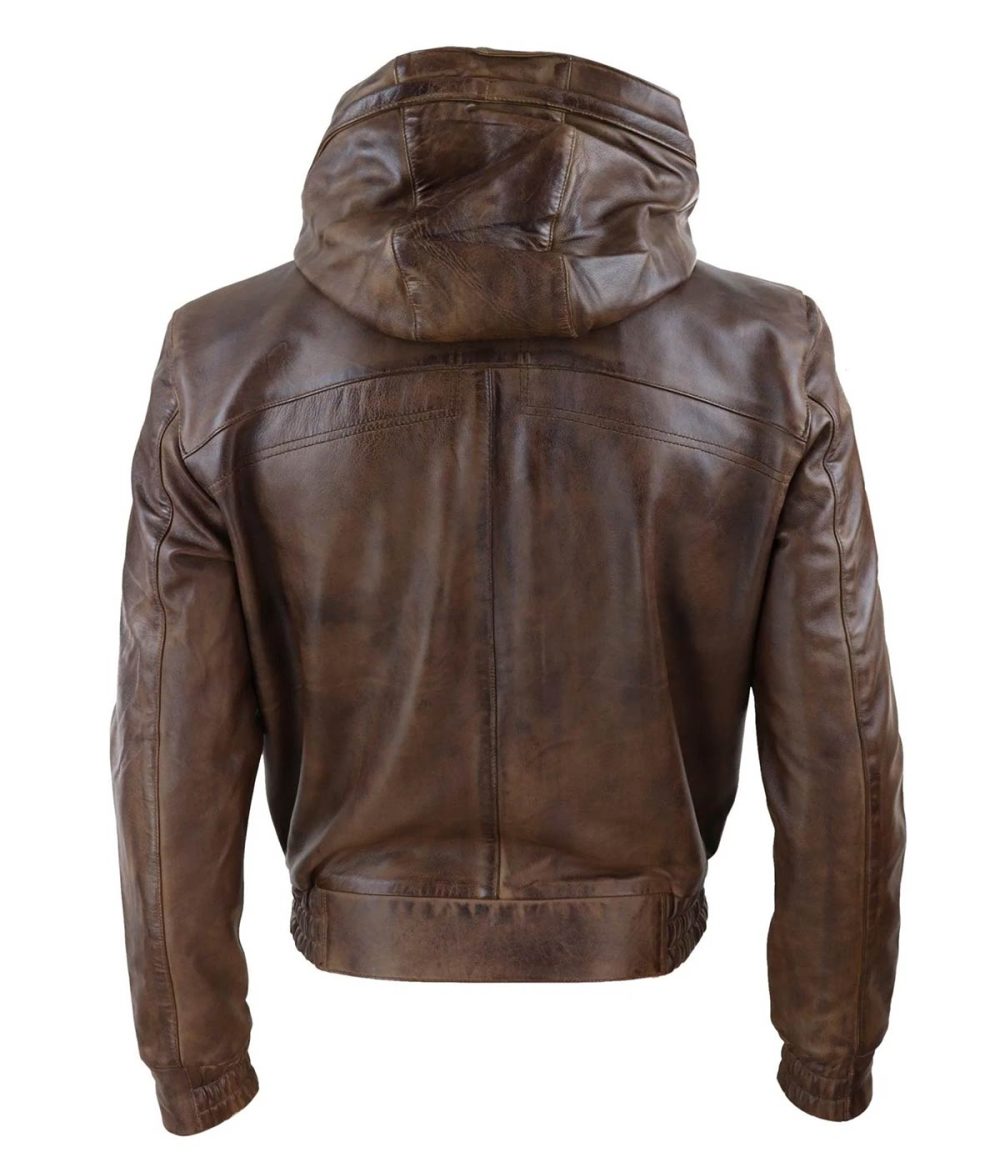 Mens Leather Bomber Jacket with Hood