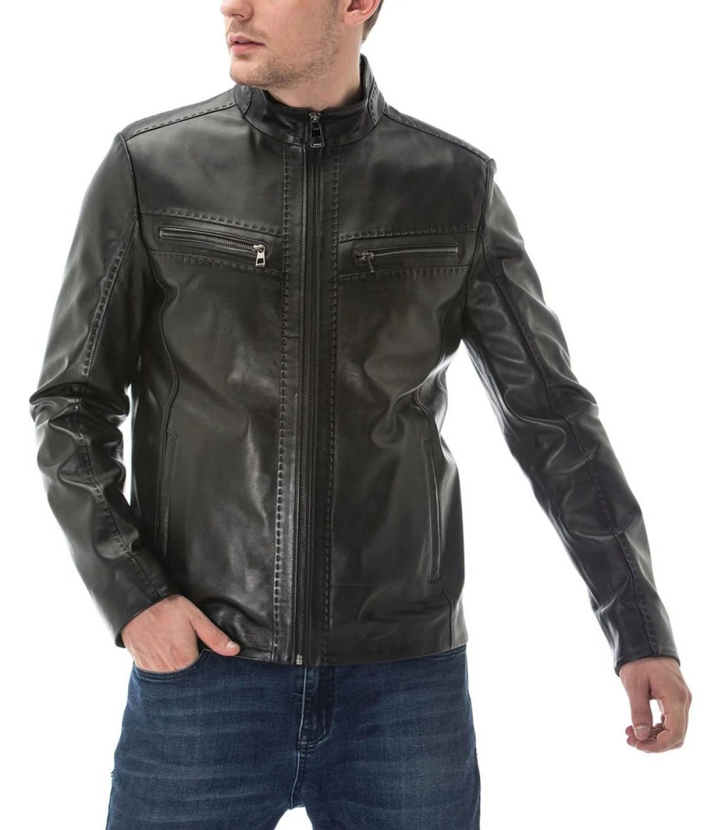 Black Leather Jacket with Stitching Detail for Men's