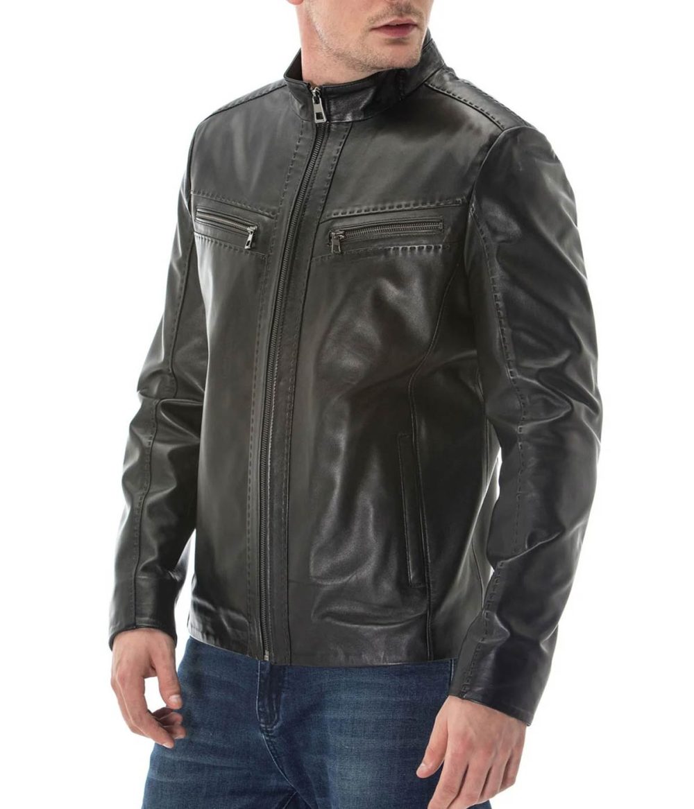 Black Leather Jacket with Stitching Detail for Men's