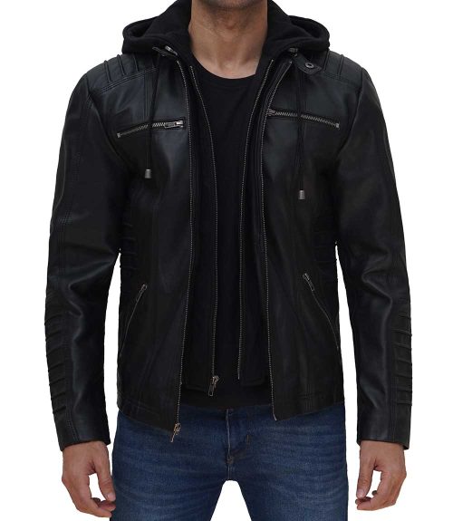 black leather jacket with hood mens