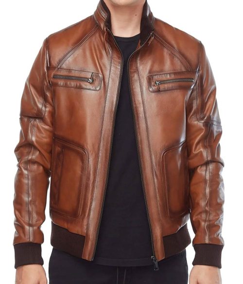 Brown Leather Bomber Jacket