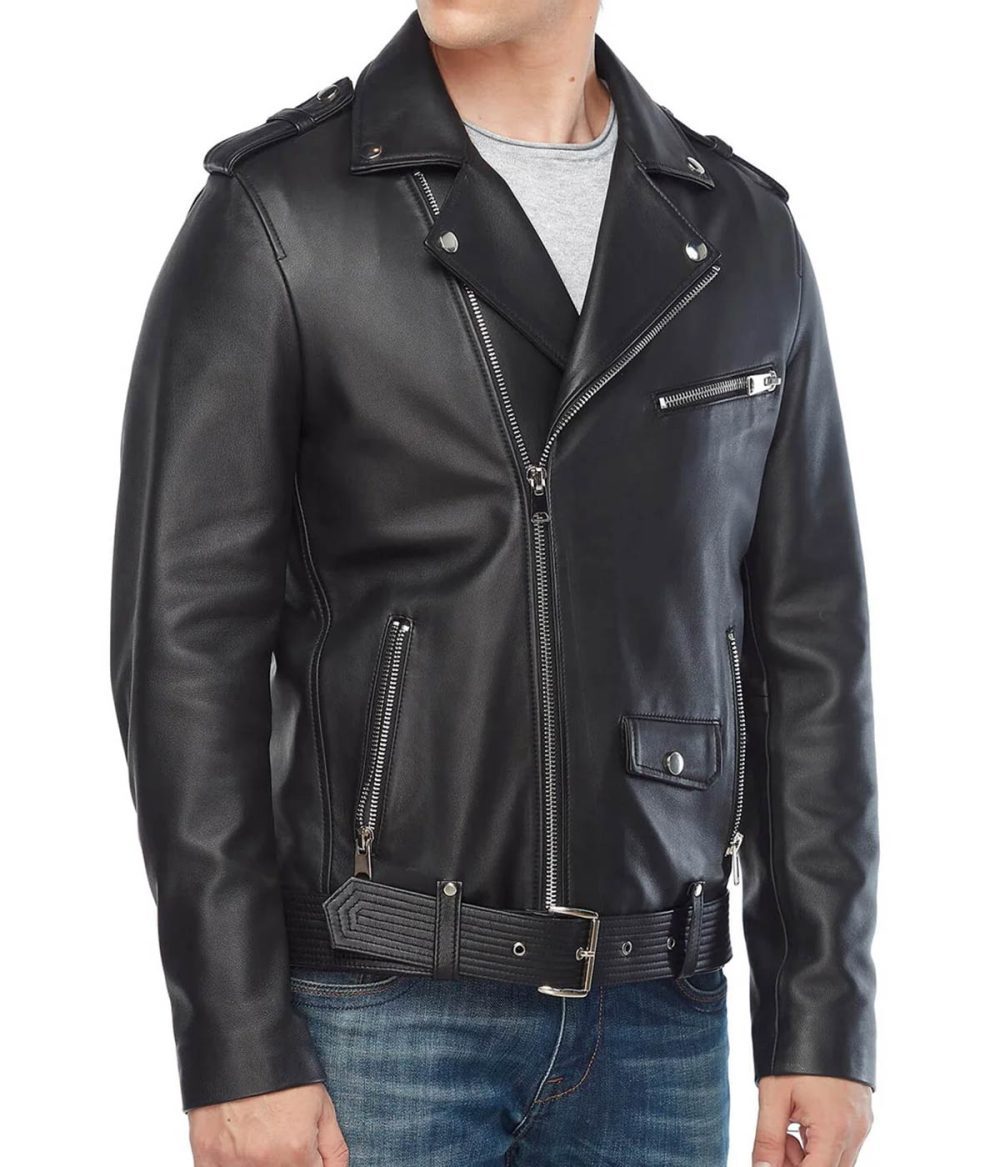 Lewis Tan Black Genuine Leather Biker Jacket