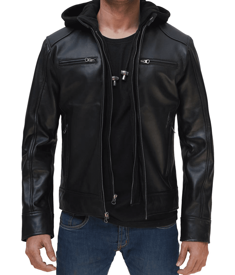 Removable Hood Dodge Mens Black Leather Jacket