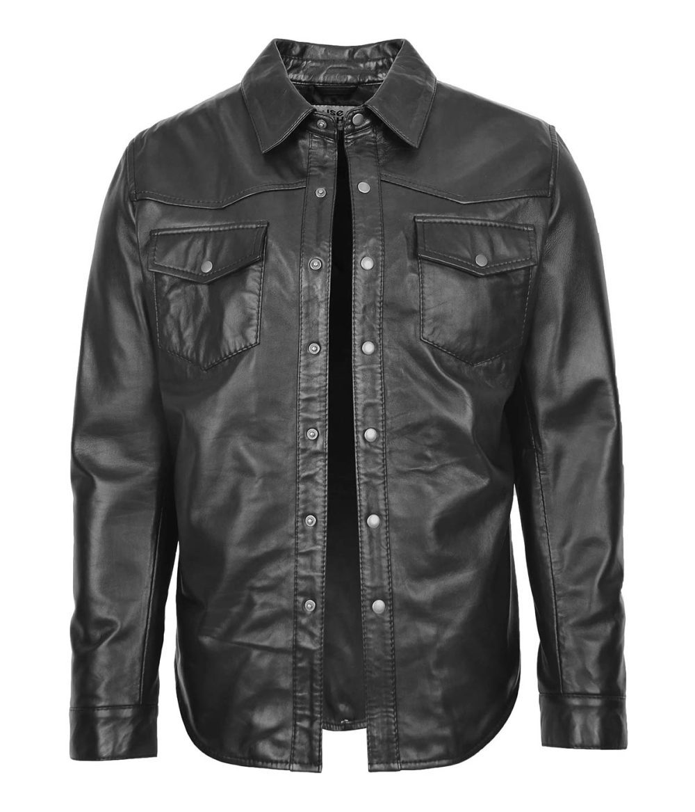 Mens Leather Shirt Jacket Trucker Style Oliver Black