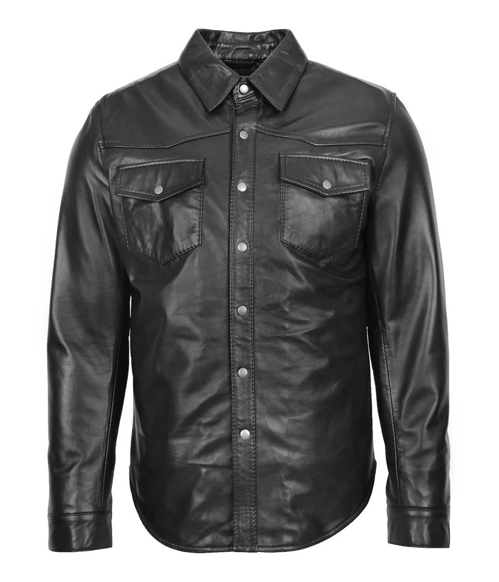 Mens Leather Shirt Jacket Trucker Style Oliver Black