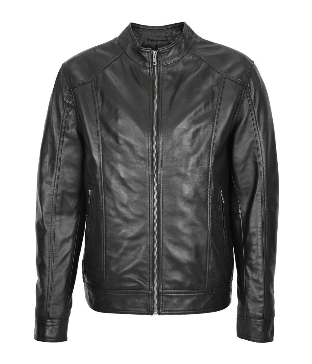 Mens Soft Leather Casual Plain Zip Jacket Matt Black