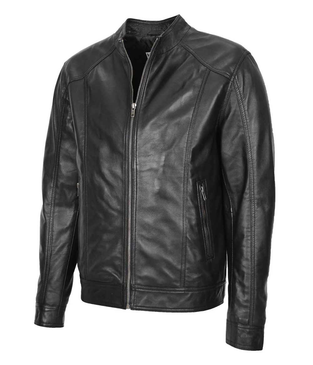 Mens Soft Leather Casual Plain Zip Jacket Matt Black