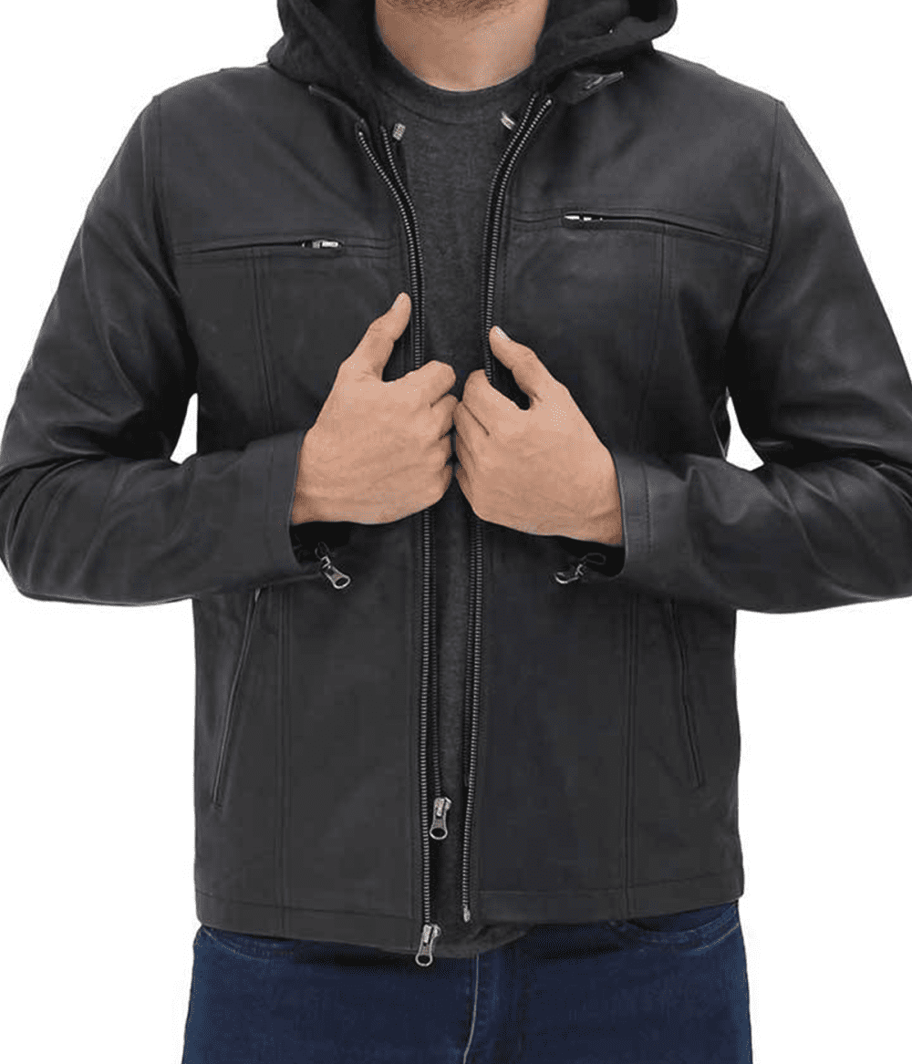 leather jacket with removable hood