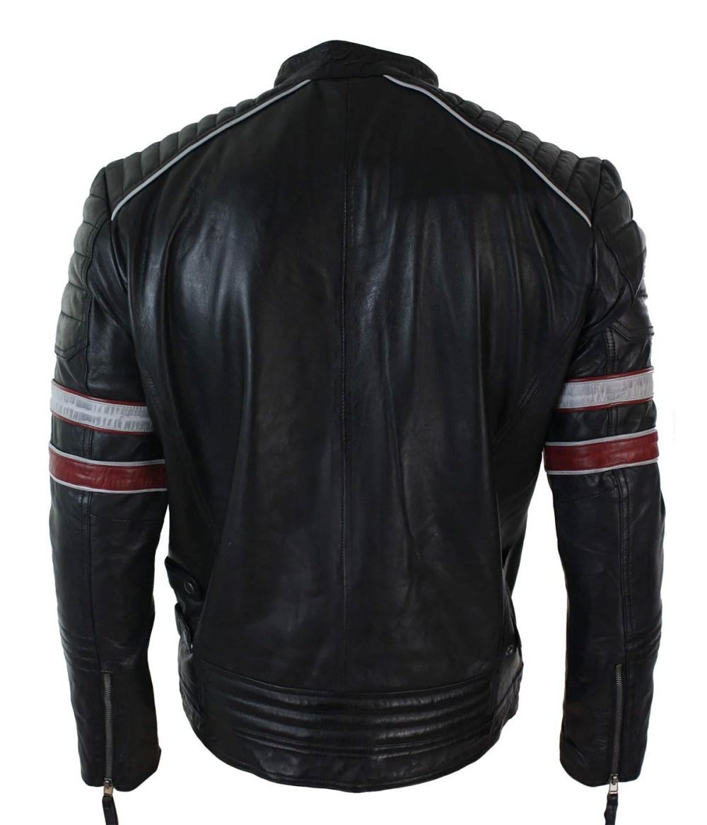 Mens Real Leather Casual Fit Black Racing Biker Jacket Red White Stripes