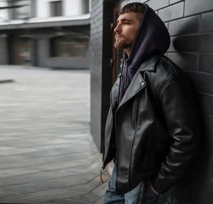 Mens Leather jacket with hoodie