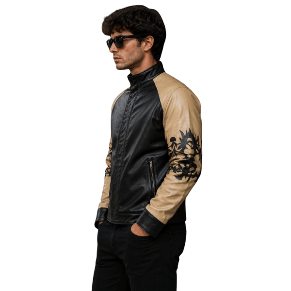Cream Faux Leather Contrast Sleeve Graphic Bomber Jacket Side