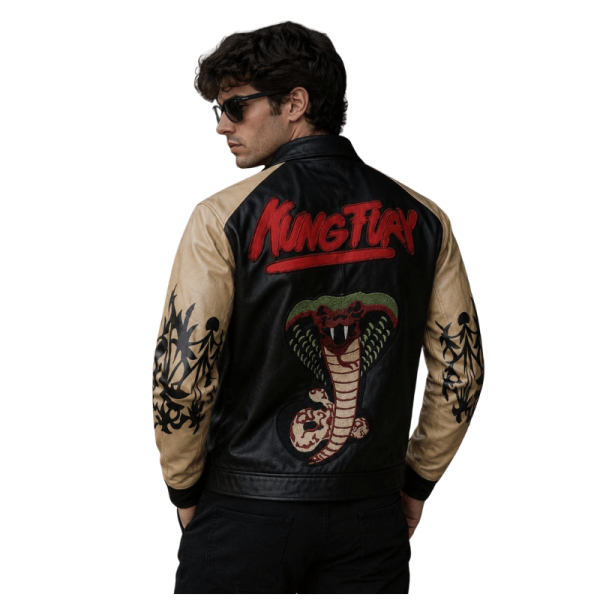 Cream Faux Leather Contrast Sleeve Graphic Bomber Jacket Back