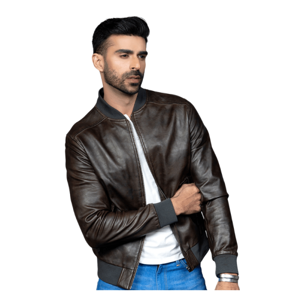 Dark Brown Bomber Leather Jacket Model