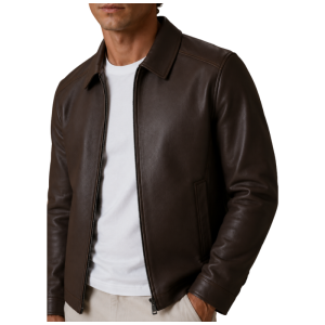 Dark Brown Leather Bomber Jacket