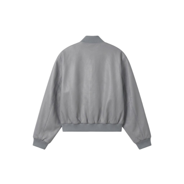 Gray Leather Bomber Jacket Back