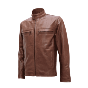 Stand Collar Mens Brown Faux Leather Jacket 5xl