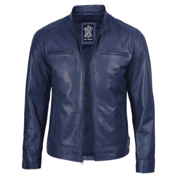 mens blue leather jacket​
